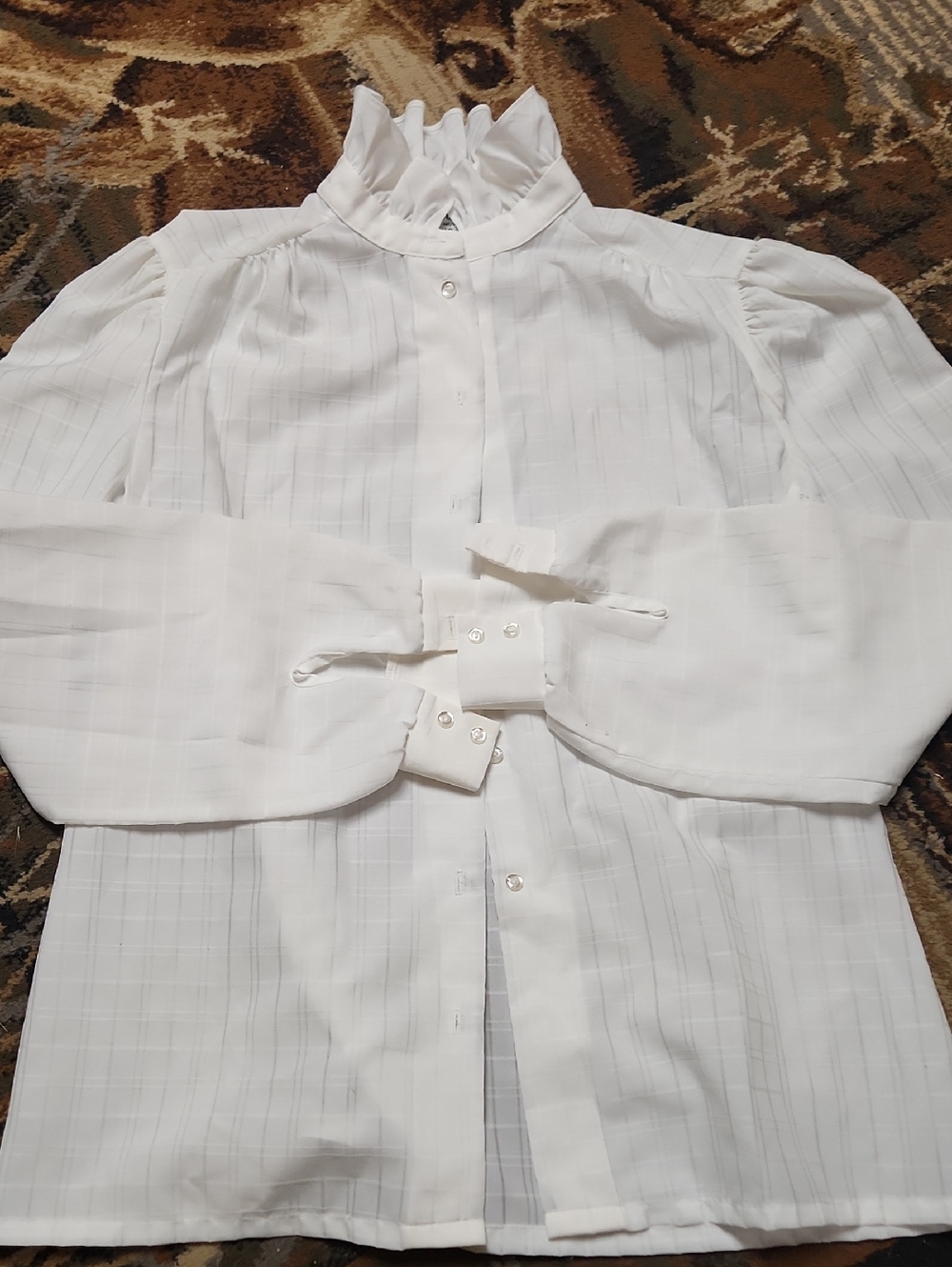 Vintage Ruffled High-Neck White Button-Down Blouse
